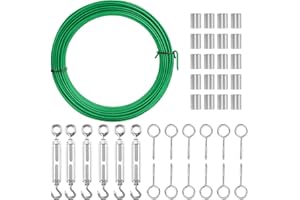 Fuuner Clothes Line Kit, 100FT Green PVC Coated Galvanized Wire Cable with M5 Turnbuckle Tensioner for Cables Outdoor, 1/8 Steel Wire Tensioner for Garden Wire, String Lights Hanging