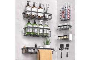 DTUQYX Shower Caddy 9 Pack,Adhesive Organizer for Bathroom Decor Accessories & Kitchen Storage,No Drilling,Large Capacity,Rustproof Stainless Steel Organizer,Home Decor Shelves (black)