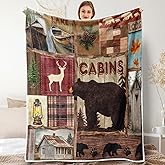 Rustic Cabin Throw Blankets, Vintage Country Antique Lodge Bear Deer Lake Maple Flannel Cozy Fuzzy Plush Couch Throw Blanket, Farmhouse Hunting Camping Throws Decorate The Room and Bedroom Travel