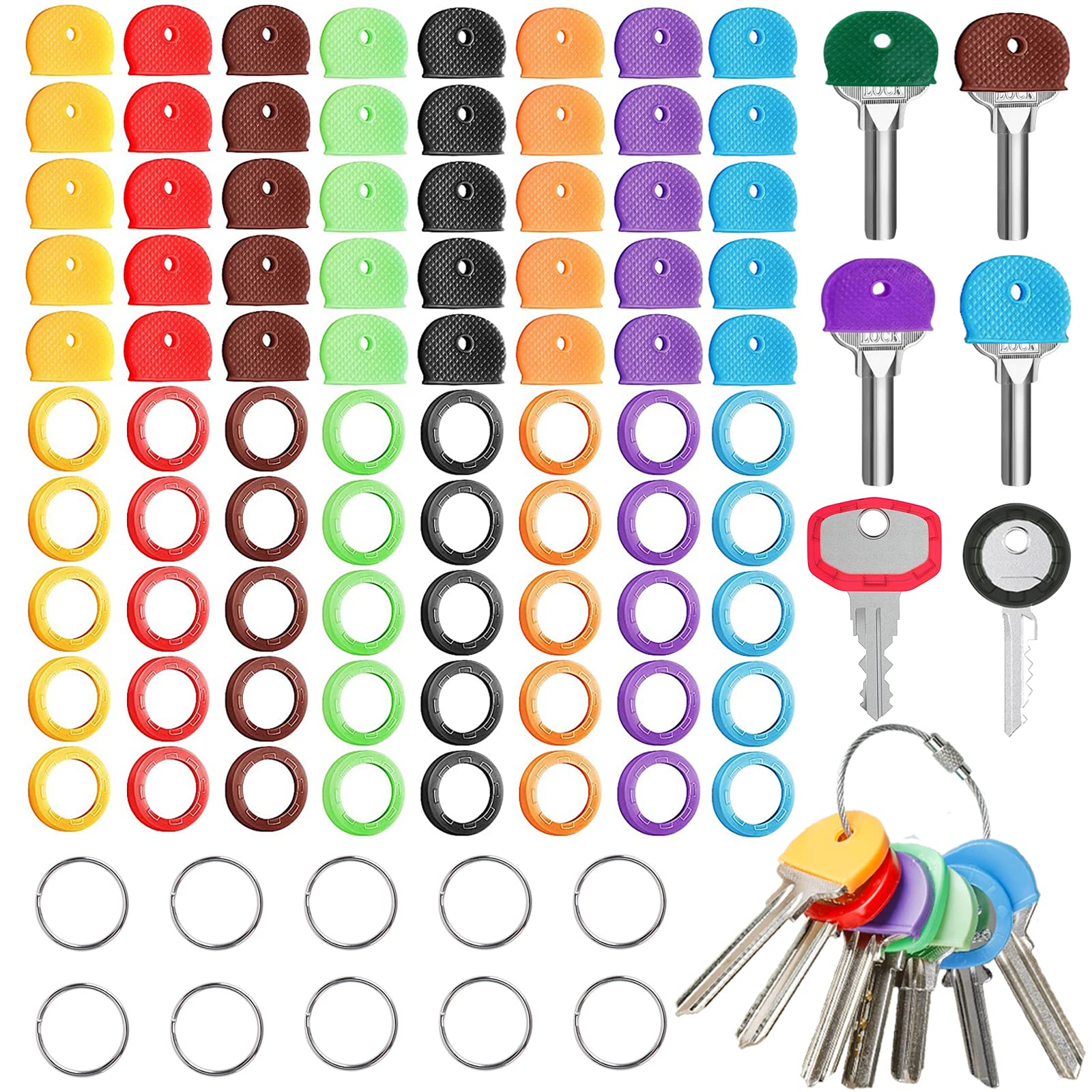 90 PCS Key Covers Key Caps Set Including 40 pcs Plastic Caps, 40 pcs Flexible Round PVC Key Tags and 10 pcs Key Sleeve Rings, 8 Assorted Colors, 2 Styles to Identify Your Keys