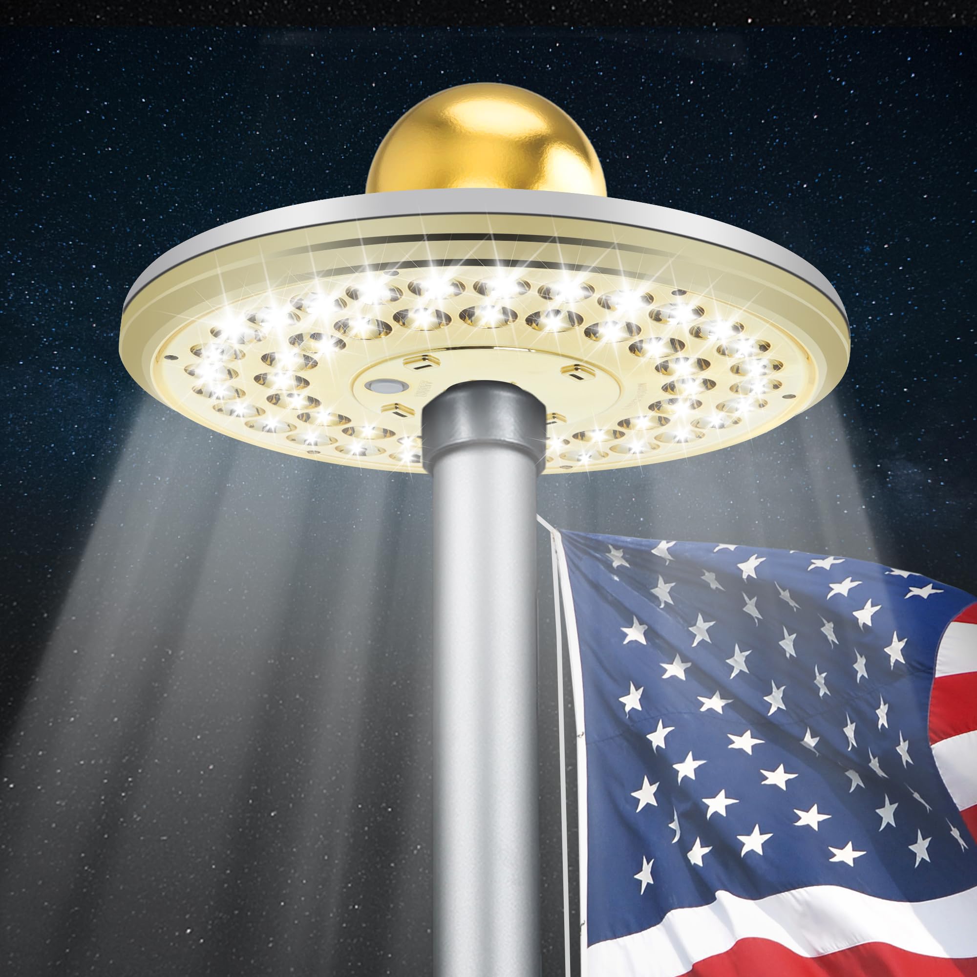 Photo 1 of PPQ Flag Pole Light Solar Powered, Royal Golden 48 LED Flagpole Light 10000h Lifespan for 15-25 Ft Poles, Waterproof Lighting on Outdoor Pole Top,10 Hour Dusk to Dawn Auto On/Off