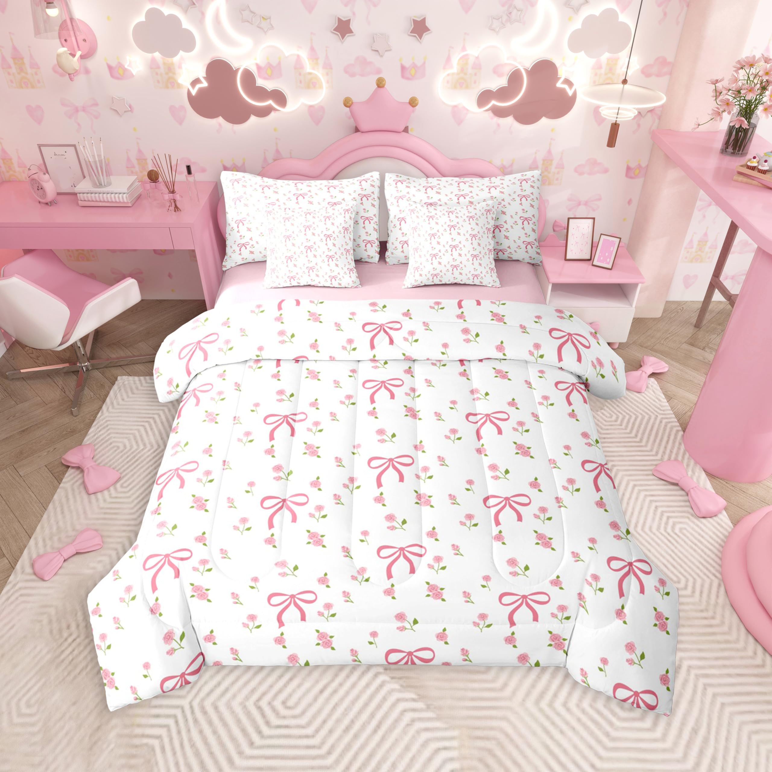 Erosebridal Kids Kawaii Bow 7 Pieces Bedding Set Twin Size,Floral Bowknot Bed in a Bag,Princess Style Bed Set Includes Comforter,Sheet Set,Pillowcases & Pillow Covers,Fantasy Flower Bedroom Decor