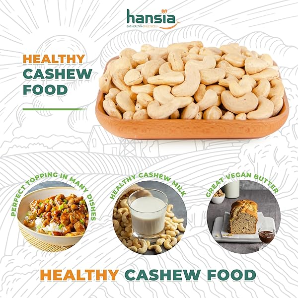HANSIA ROASTED CASHEW VEGAN, DRY ROASTED UNSALTED SUPERFOOD, FRESH, HEALTHY, LOW SODIUM SNACKS, RICH OF PROTEIN & NATURAL FIBER, PROTEIN, VITAMIN AND IRON |GIFT GIVING (ROASTED CASHEW, 2.2 POUNDS (PACK OF 1))