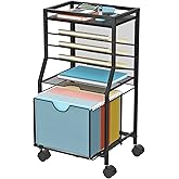 BOHDK Rolling File Cart, 6-Tier Under Desk Organizer on Lockable Wheels, Black Wood Planks & Mesh File Cart with Sliding Draw