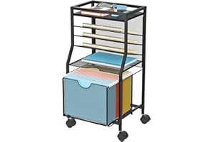 BOHDK Rolling File Cart, 6-Tier Under Desk Organizer on Lockable Wheels, Black Wood Planks & Mesh File Cart with Sliding Drawer and Paper Trays for Office Home School, 14.8" L x 11.8" D x 27.7" H