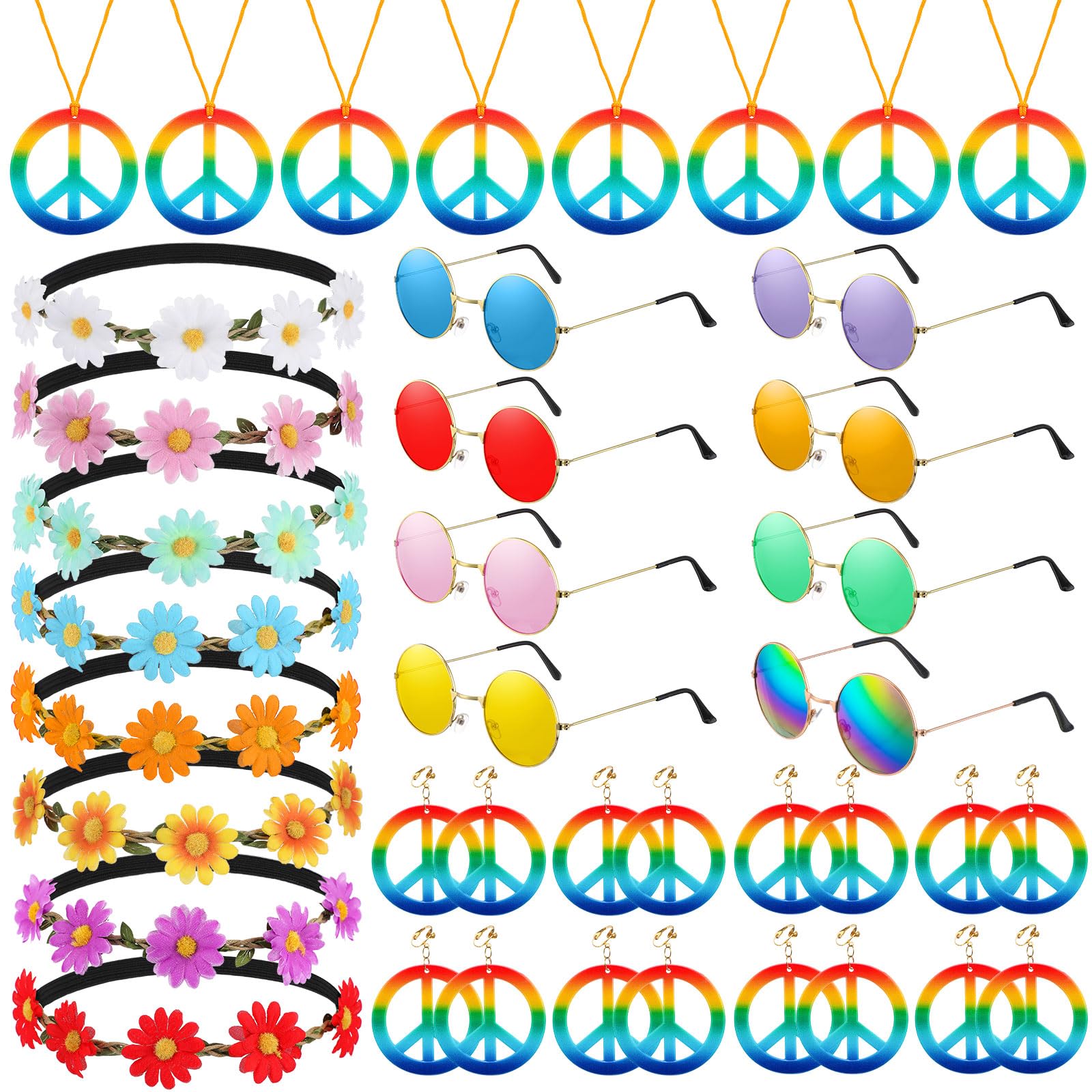 Photo 1 of 32 Pcs Hippie Costume Accessories Set 60s 70s Party Decorations Peace Sign Necklaces Earrings Daisy Sunflower Headband Retro Sunglasses for Women Hippie Party Supplies