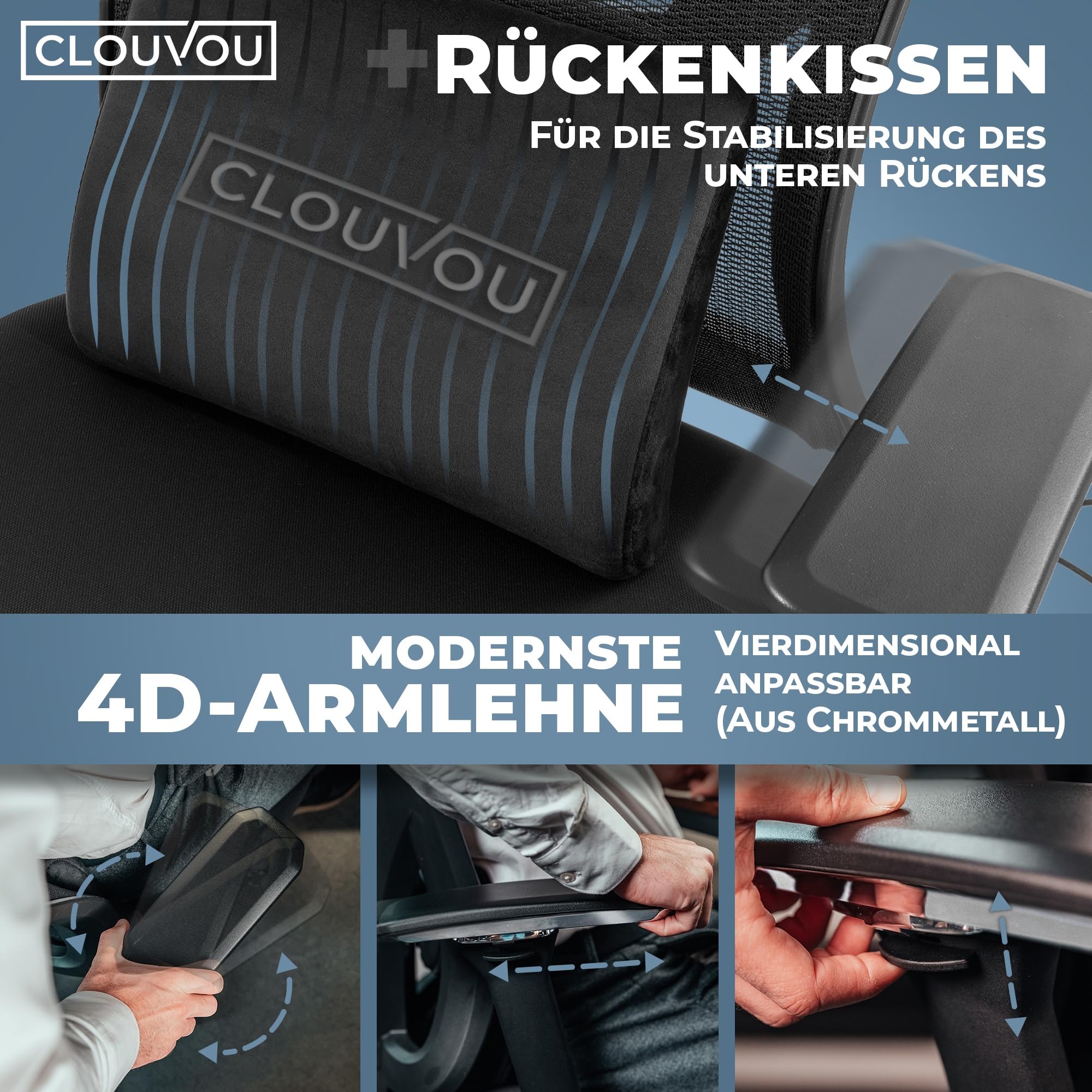 CLOUVOU CleverSeat Bürostuhl Ergonomisch [TESTSIEGER] Schreibtischstuhl 100% individuell einstellbar | Büro Stuhl & Gaming Stuhl | Computerstuhl Home Office Chair Ergonomic | Drehstuhl 150 kg