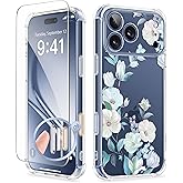GVIEWIN for iPhone 17 Pro Case with Screen Protector, Upgraded [Full Camera Protection] [Non Yellowing] Floral Slim Shockproof Clear Women Phone Cover for iPhone 17 Pro 6.3" (Hibiscus)