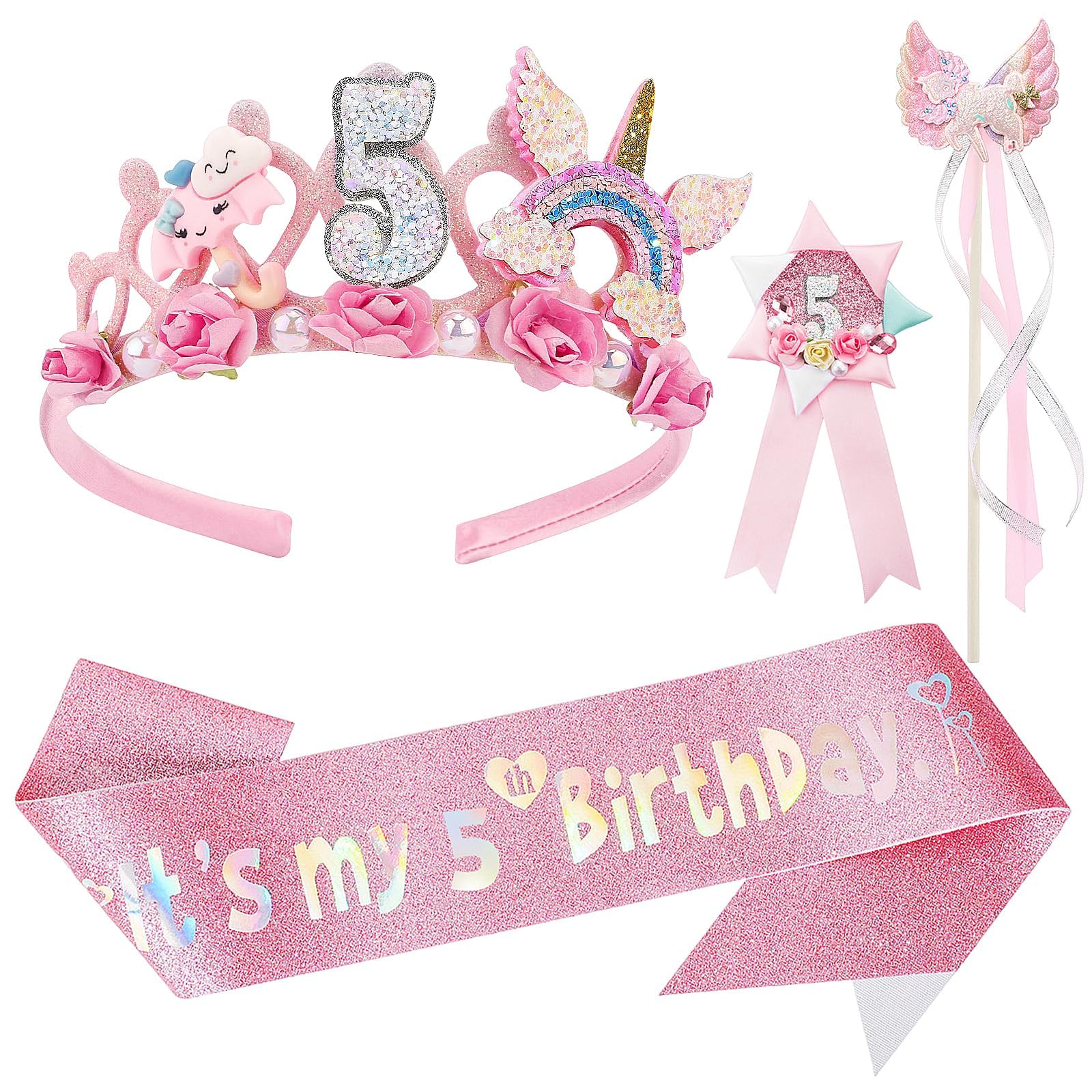 UxClishe Birthday Girl Decorations Set, Floral Princess Tiara Headband, Kids Party Accessories with 5th Birthday Crown Glitter Sash Magic Wand and Badge Ribbon for Girls Party Sparkling Decoration