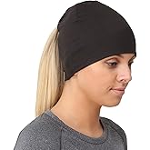 TrailHeads Ponytail Hat - Adrenaline Series | Women’s Running Beanie with Reflective Accents | Black Skull Cap