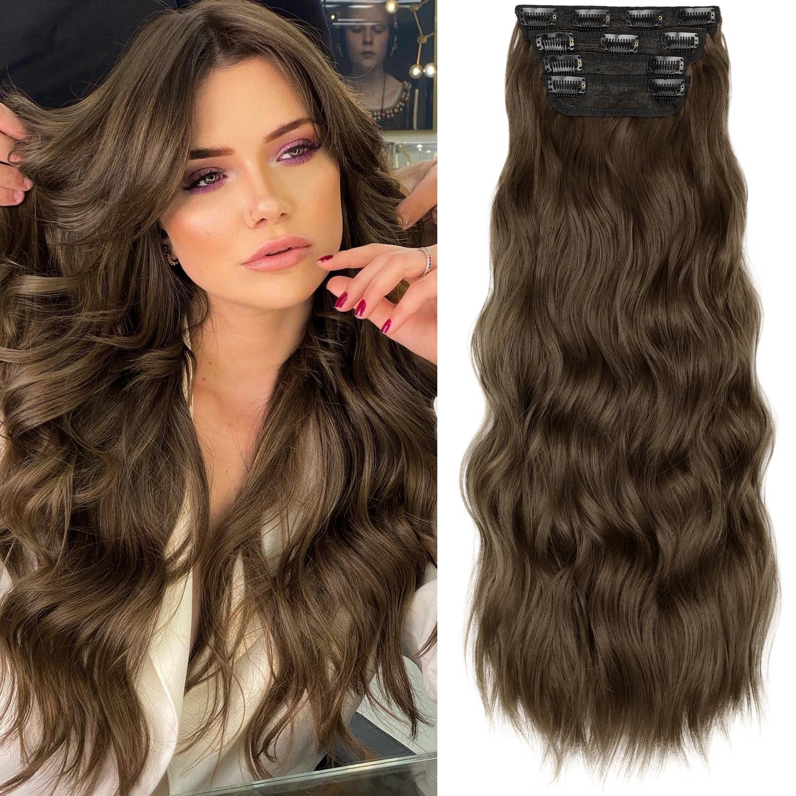 Photo 1 of KooKaStyle Clip in Synthetic Hair Extensions Long Wavy 4PCS Thick Hairpieces Chestnut Brown Fiber Double Weft Natural Hair Extensions 24 Inch for Women