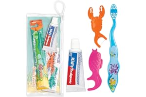 Practicon FlosSeas Child Dental Care Kit, Travel Size Bundle w/Assorted Color Toothbrush, Kids Toothpaste and Flossers, TSA Friendly Kids Oral Care Kit