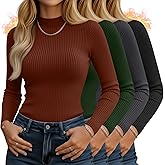 Sweetyweee 4 Pack Women's Mock Neck Long Sleeve Tops Ribbed Slim Fitted Cotton Thermal Shirts Casual Stretch Tight Base Layer
