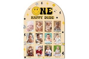 R HORSE My First Year Photo Frame Board, 3D One Happy Dude Birthday Decoration Display Wood Board, Baby Boy First Year Picture Frame 12 Months Milestone 1st Birthday Nursery Decor Gift