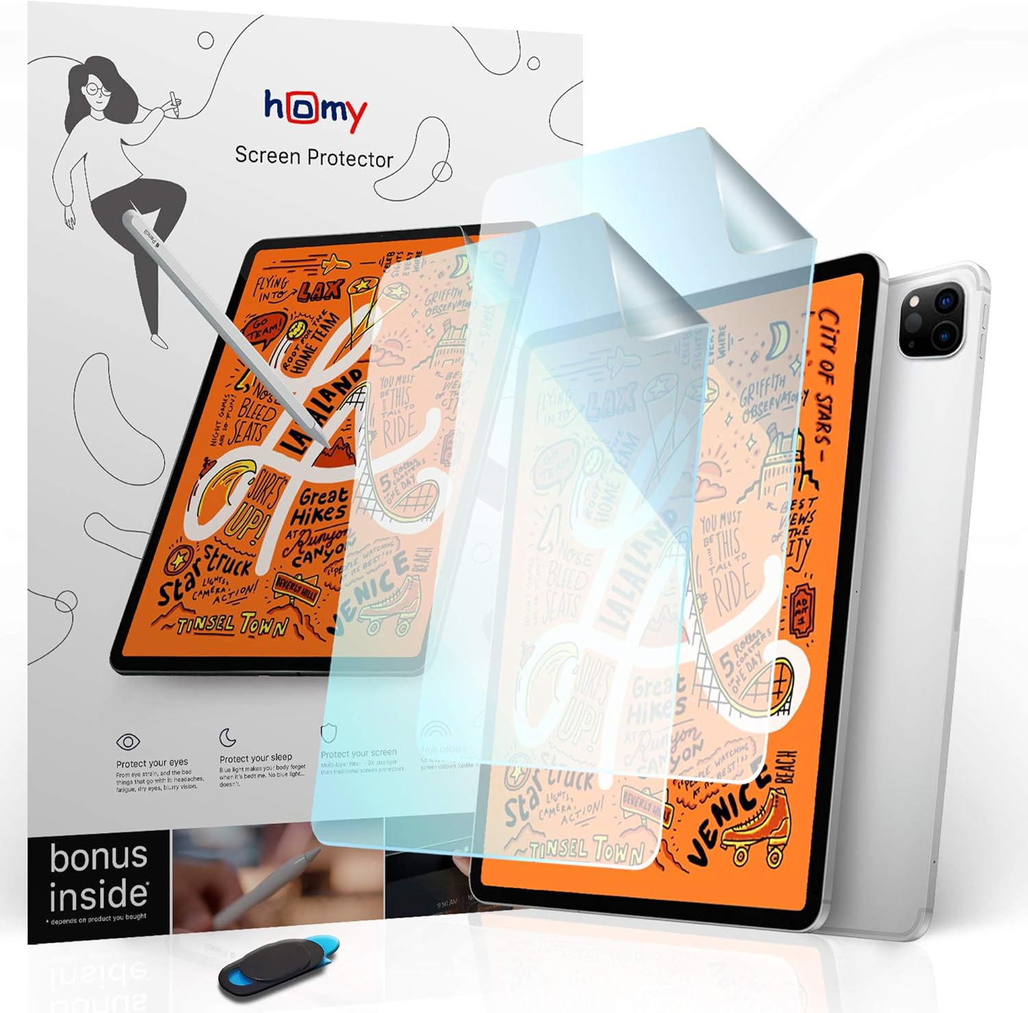 Homy Paperfeel Screen Protector [2-Pack] for iPad 10.9 Air, 11 Pro. Anti-Blue Light (Eye Care) Protection. Anti-Glare Matte Surface for Drawing, Great Sensitivity. Scratch Proof. Bonus: WebCam Cover