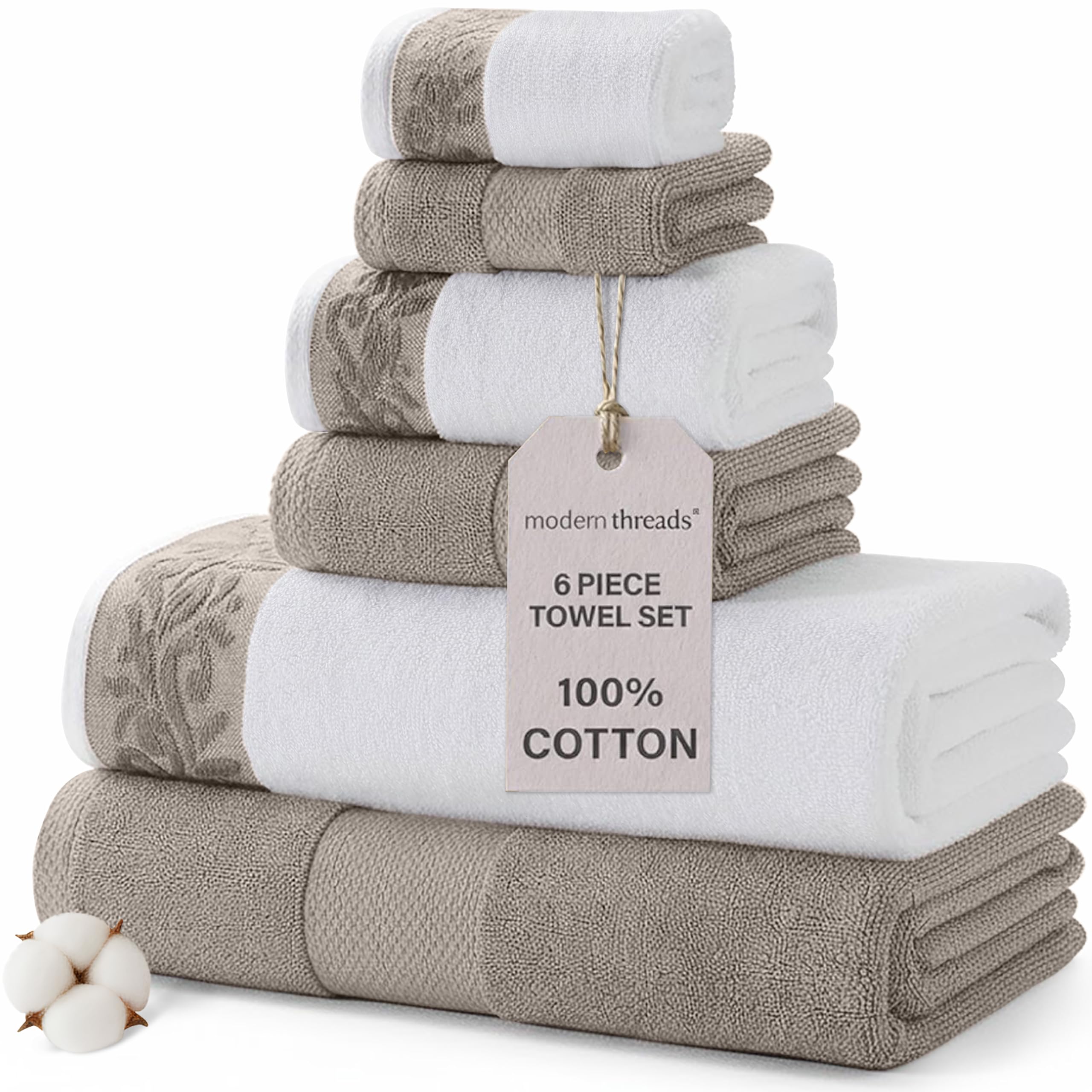 Modern Threads 2 Bath Hand Towels 2 Washcloths, Cotton, Taupe, Standard
