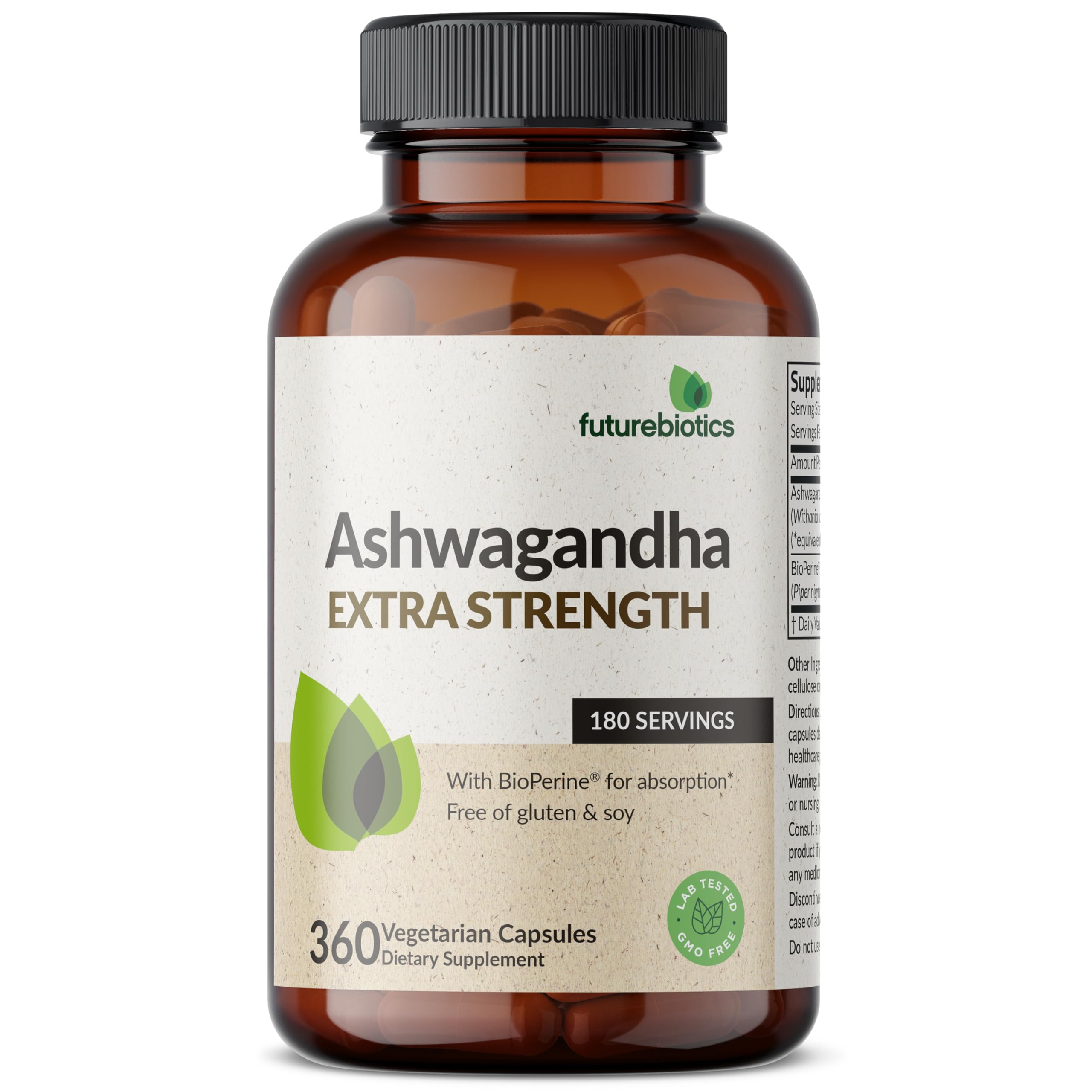 Futurebiotics Ashwagandha Extra Strength Stress & Mood Support with BioPerine - Non GMO Formula, 360 Vegetarian Capsules