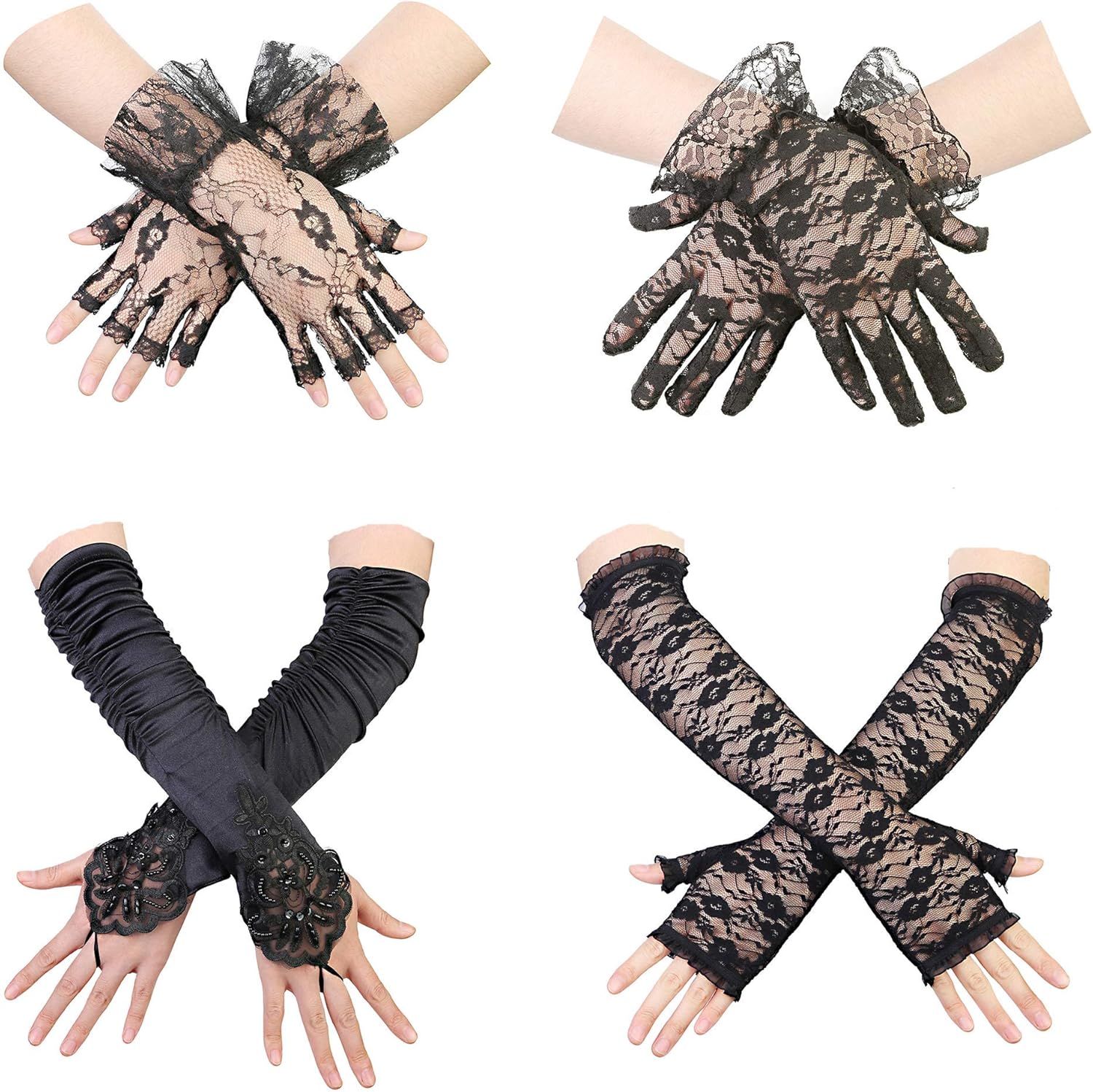 Milacolato 4Pairs 1920s Black Lace Glove for Women Ladies Elegant Short