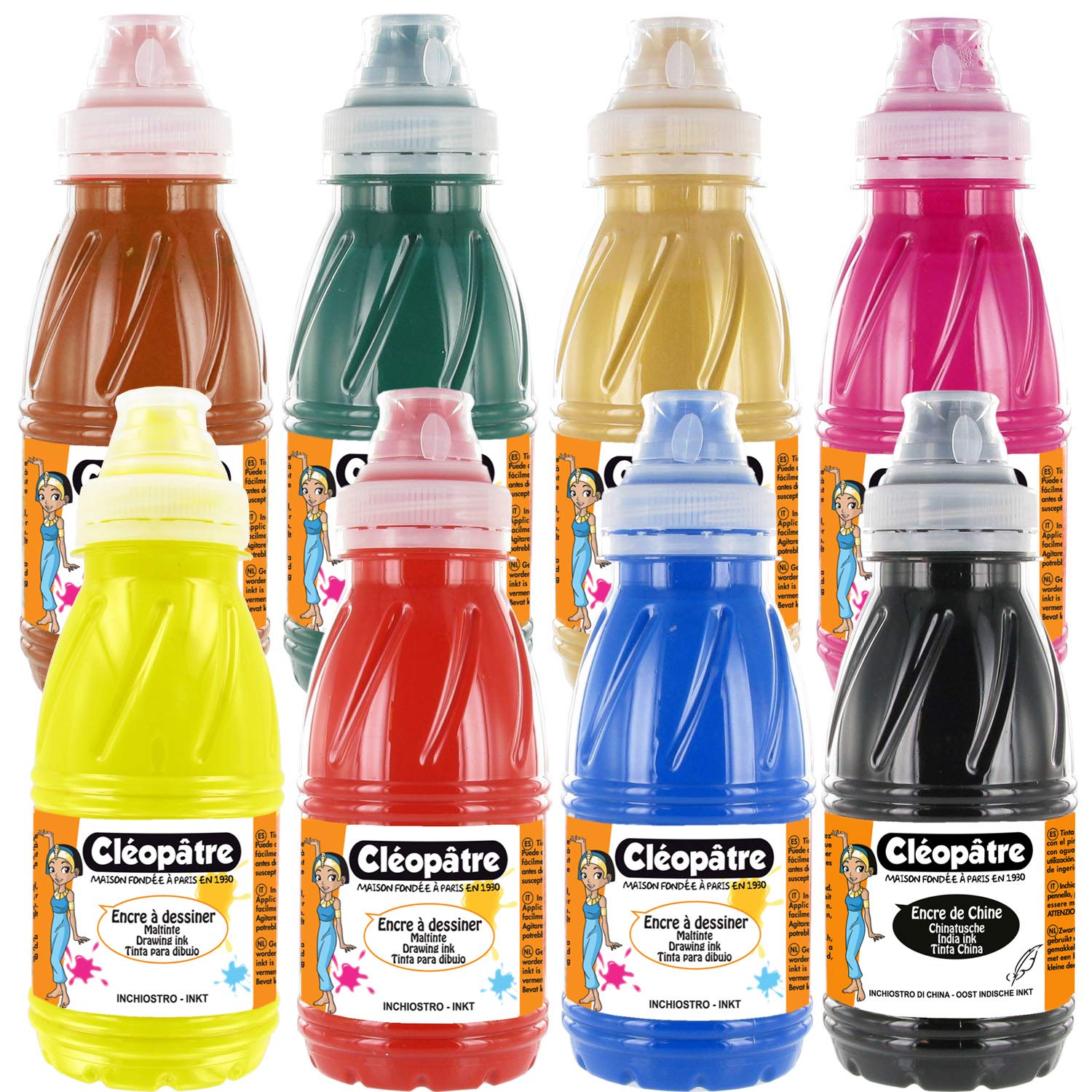 Cléopâtre Set of 7 Drawing 1 Chinese Ink, 8 Colours, Bottle, Multicoloured, Format 250 ml