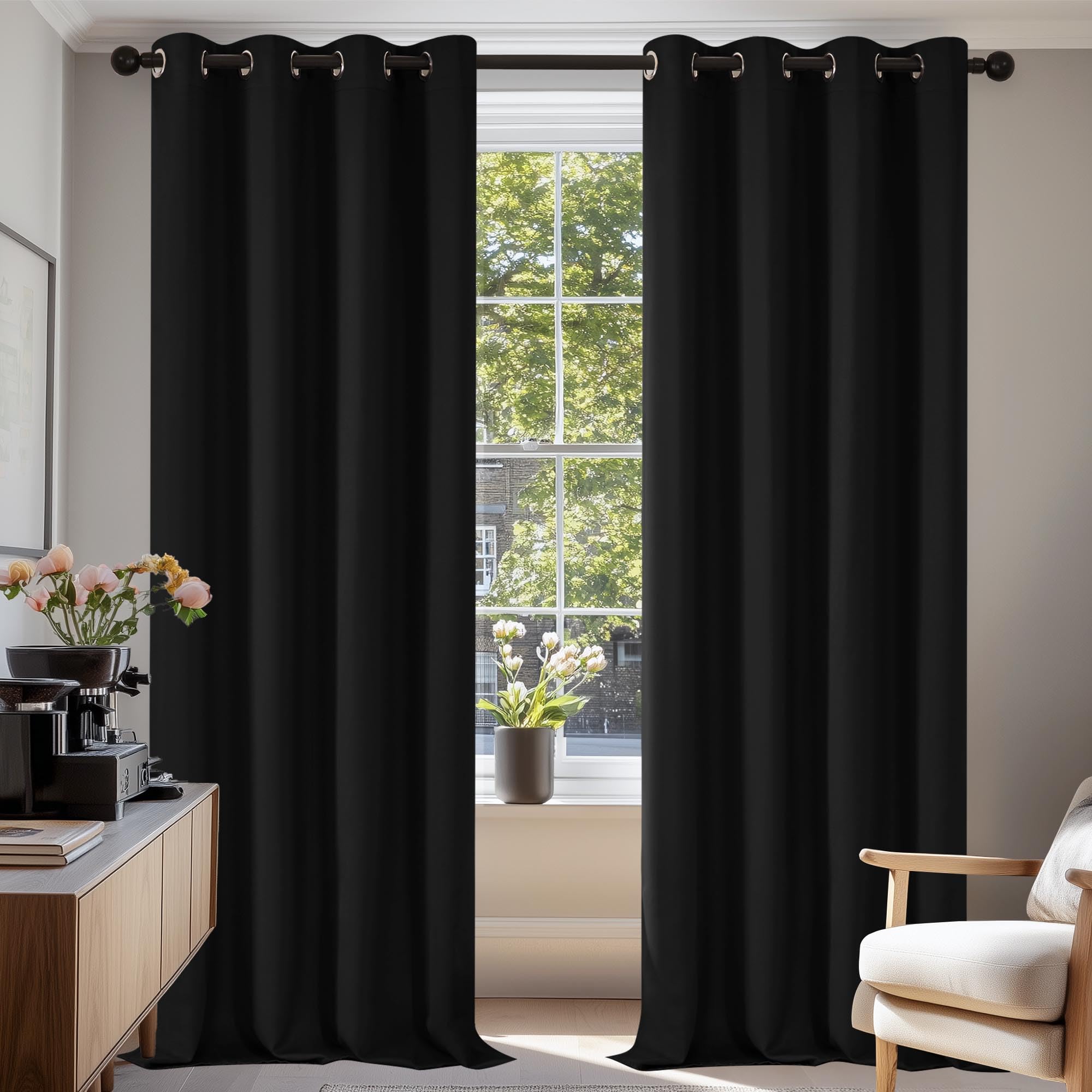 Deconovo Solid Thermal Insulated Eyelet Blackout Curtains for Bedroom Including 55x82 Inch Two Panels Black