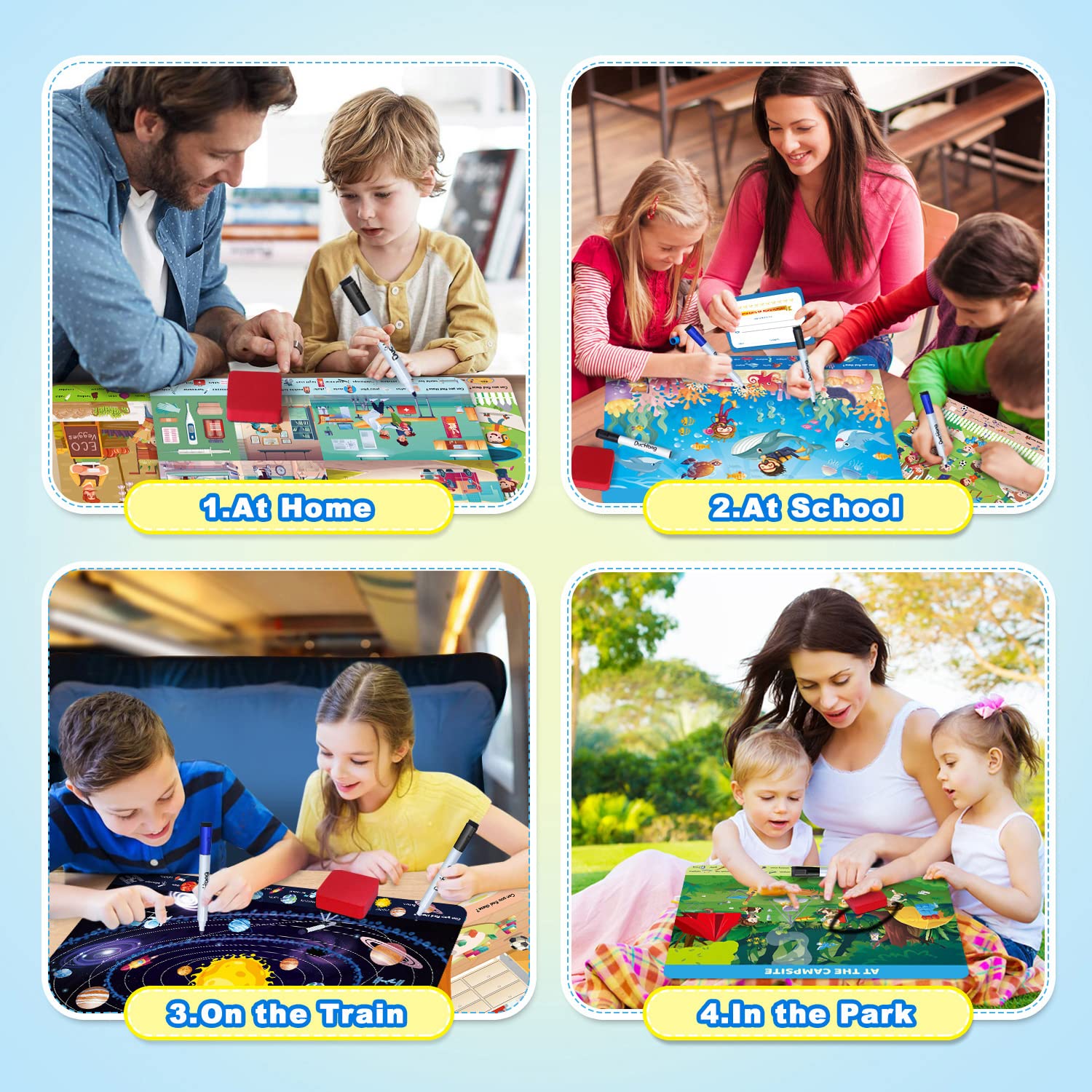 Reusable Preschool Learning Activities, Search and Find Cards with 4 Markers and 12 Themes Mats, Educational Toys for Kids Ages 4-6,3-8, Travel Games Gifts for Girls and Boys Ages 3 4 5 6