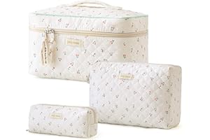HBselect Quilted Makeup Bag, 3PCS Cotton Large Travel Makeup Bag, Cute Floral Coquette Make up Bag Cosmetic Bag Toiletry Bag for Women Girls