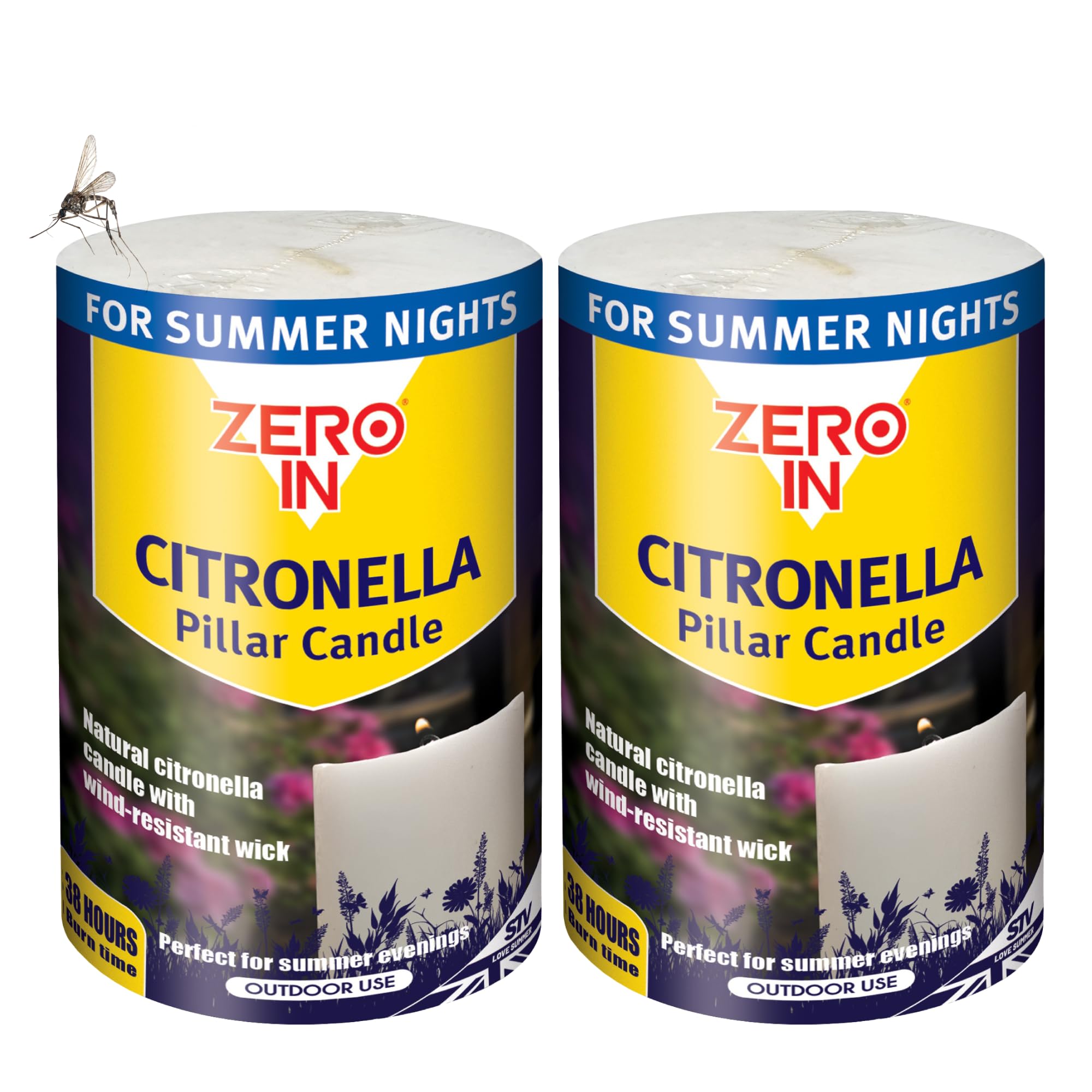 Zero In Citronella Pillar Candle – Mosquito Repellent for The Home, Multi Pack x2 - Insect Candle Treatment for Outdoor - Repels Mosquitoes & Biting Insects - Long-Lasting Protection