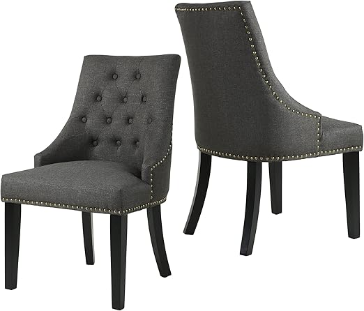 Amazon Com Lssbought Set Of 2 Fabric Dining Chairs Leisure Padded Chairs With Black Solid Wooden Legs Nailed Trim Charcoal Chairs