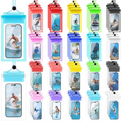 Flutesan 60 Pack Waterproof Phone Pouch with Adjustable Lanyard 7.5'' Large Phone Dry Case Bag Multicolor Universal Compatible Smartphones for Swimming Pool Beach Water Park Diving Surfing