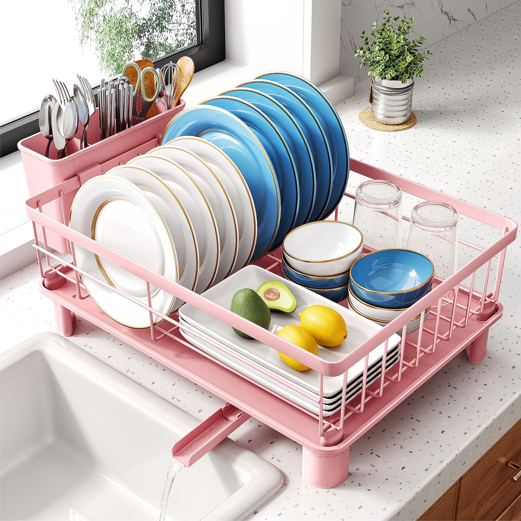 SNTD Dish Drying Rack - Small Dish Rack for Kitchen Counter, Stainless Steel Dish Drainer with Utensil Holder and Drainboard, 12.9" W x 16.9" L (Pink) Image