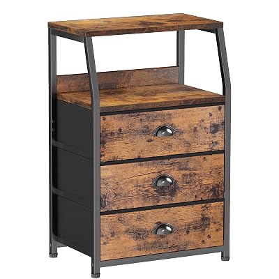 Furnulem Nightstand with 3 Drawers and 2-Tier Shelf, Fabric Small Dresser Organizer Vertical Storage Tower for Bedroom, Closet, Hallway, Nursery, End Table Side Furniture, Sturdy Steel Frame, Wood Top