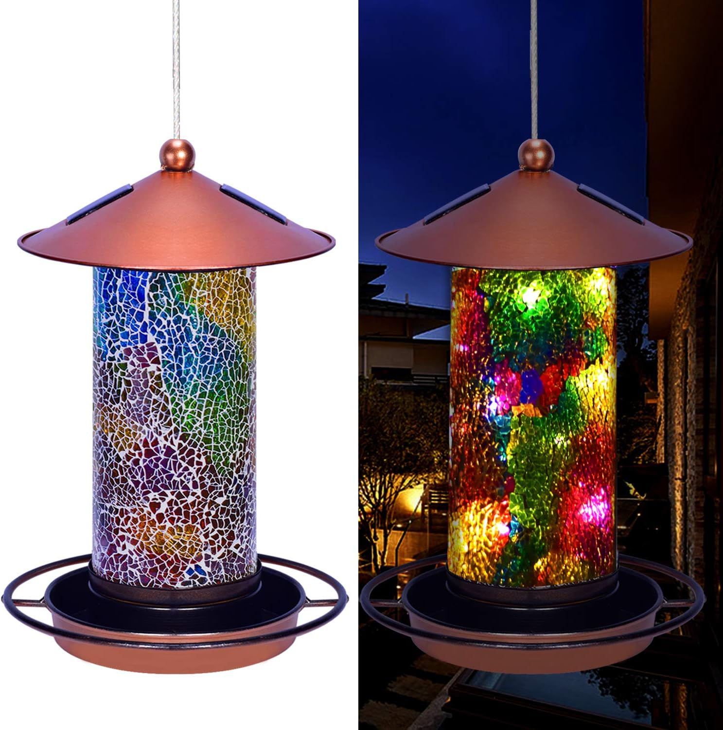 Solar Bird Feeder for Outside - Mosaic Copper Outdoor Hanging Lantern, Solar Powered Hanging Birdfeeder with Hook for Wild Birds, Unique Bird-Gifts for Mom