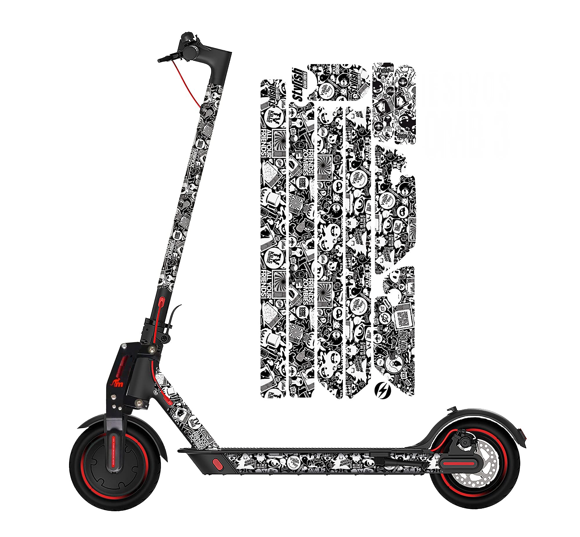 STYLISH SCOOTERS Sticker Bomb Black Vinyl Scooter Stickers for Xiaomi M365, M365 Pro 2, High Grip, Water Resistant, Glossy Finish, 8 Pieces