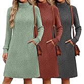 Velvelhall 3 Pack Women's Long Sleeve Sweater Dresses, Ribbed Knit Turtle Neck Casual Tunic Dresses with Pockets Fall Outfits