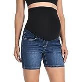 V VOCNI Maternity Jean Shorts Over The Belly Mid Thigh Casual Trendy Pregnancy Denim Shorts Summer Maternity Clothes