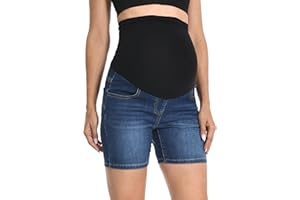 V VOCNI Maternity Denim Shorts Over The Belly Rolled Cuff Midrise Bermuda Short Pregnancy Jean Shorts