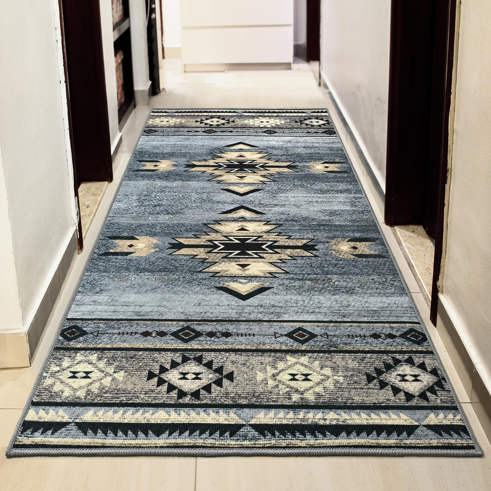 B BENRON Hallway Runner Rug 2 x 4, Non-Slip Western Runners for Bedroom Kitchen, Accent and Tribal Style Long Rugs Washable, Grey