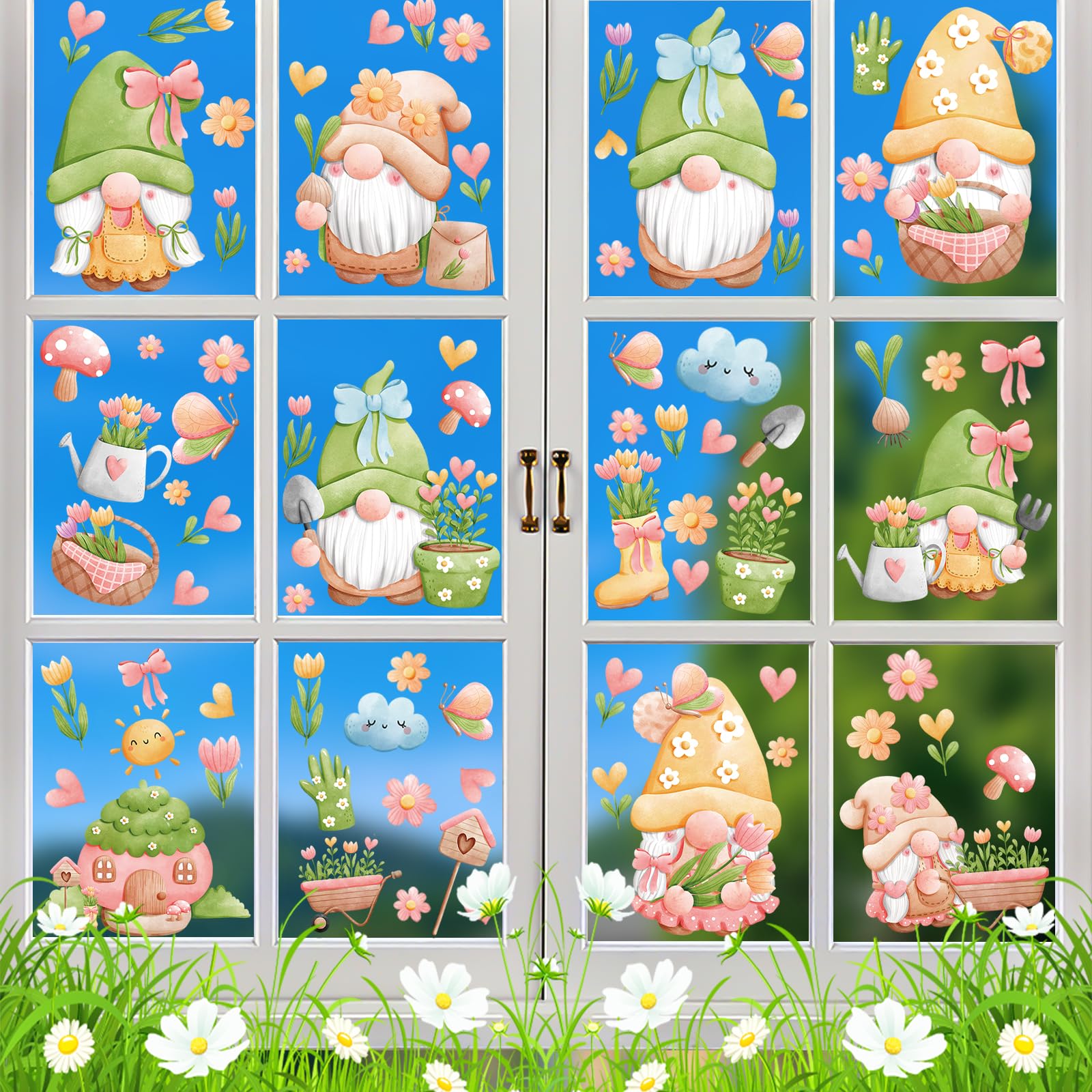 Zindoo 9 Sheet Spring Summer Double Sided Window Clings, 86Pcs Gnomes Potted Plants Flowers Mushroom Butterfly Floral Window Decals, Removable Static Vinyl Window Stickers for Glass Home Door