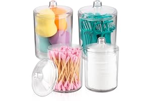 milano home Qtip Holder, Vanity Makeup Organizer Storage, Clear Plastic Apothecary Jars with Lids, Bathroom Cotton Swab Dispenser, 2x10oz and 2x7oz, Pack of 4, Brown Wood Lids, Labels Included