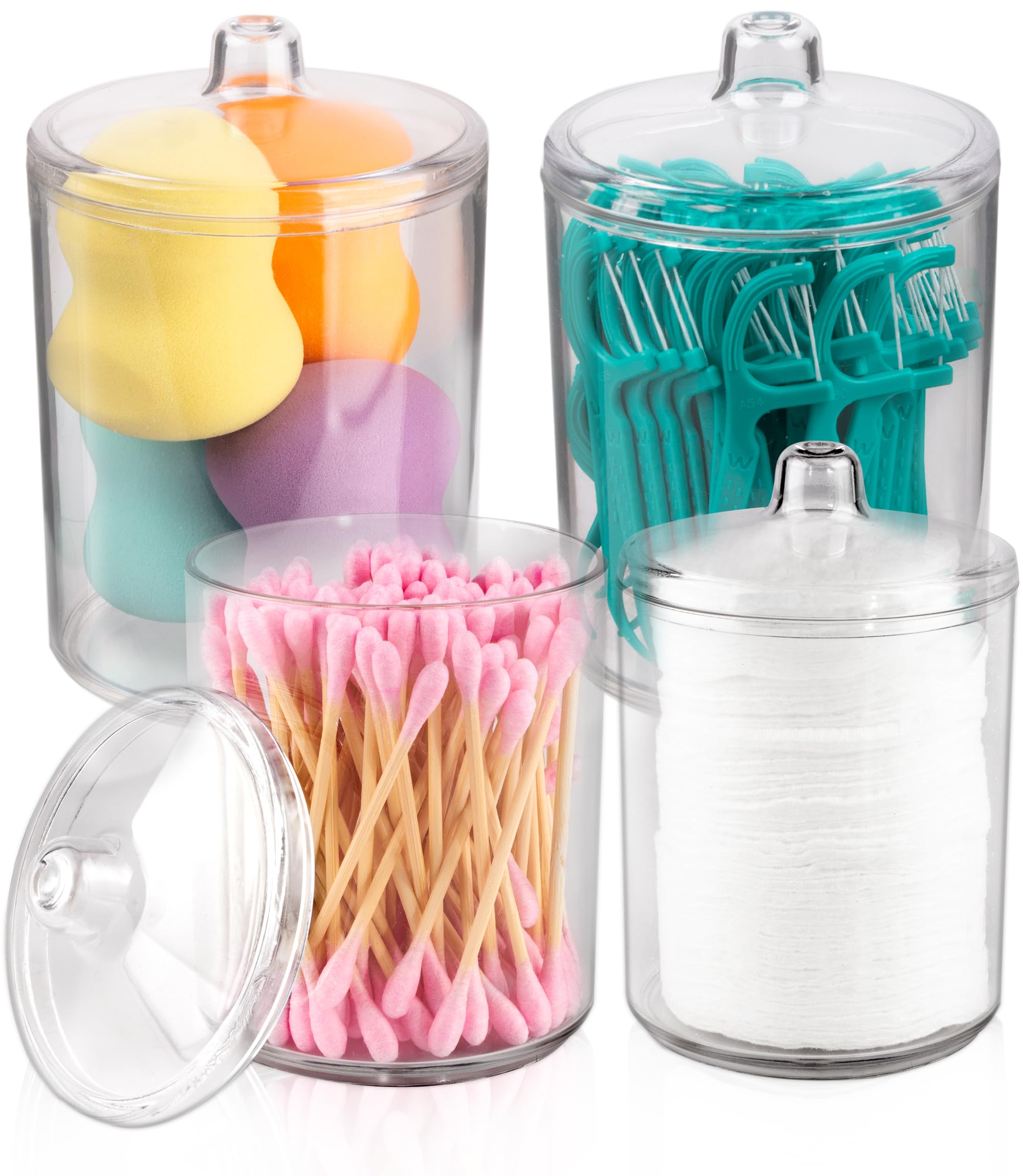 Photo 1 of milano home Qtip Holder, Vanity Makeup Organizer Storage, Clear Plastic Apothecary Jars with Lids, Bathroom Cotton Swab Dispenser, 2x10oz and 2x7oz, Pack of 4, Brown Wood Lids, Labels Included