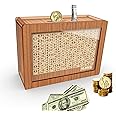 Piggy Bank for Adults Kids, Wooden Coin Bank for Boys and Girls, Cash Vault Money Saving Box with Counter $10000 Savings Challenge Money Box with Money Target and Numbers (Brown $10000)