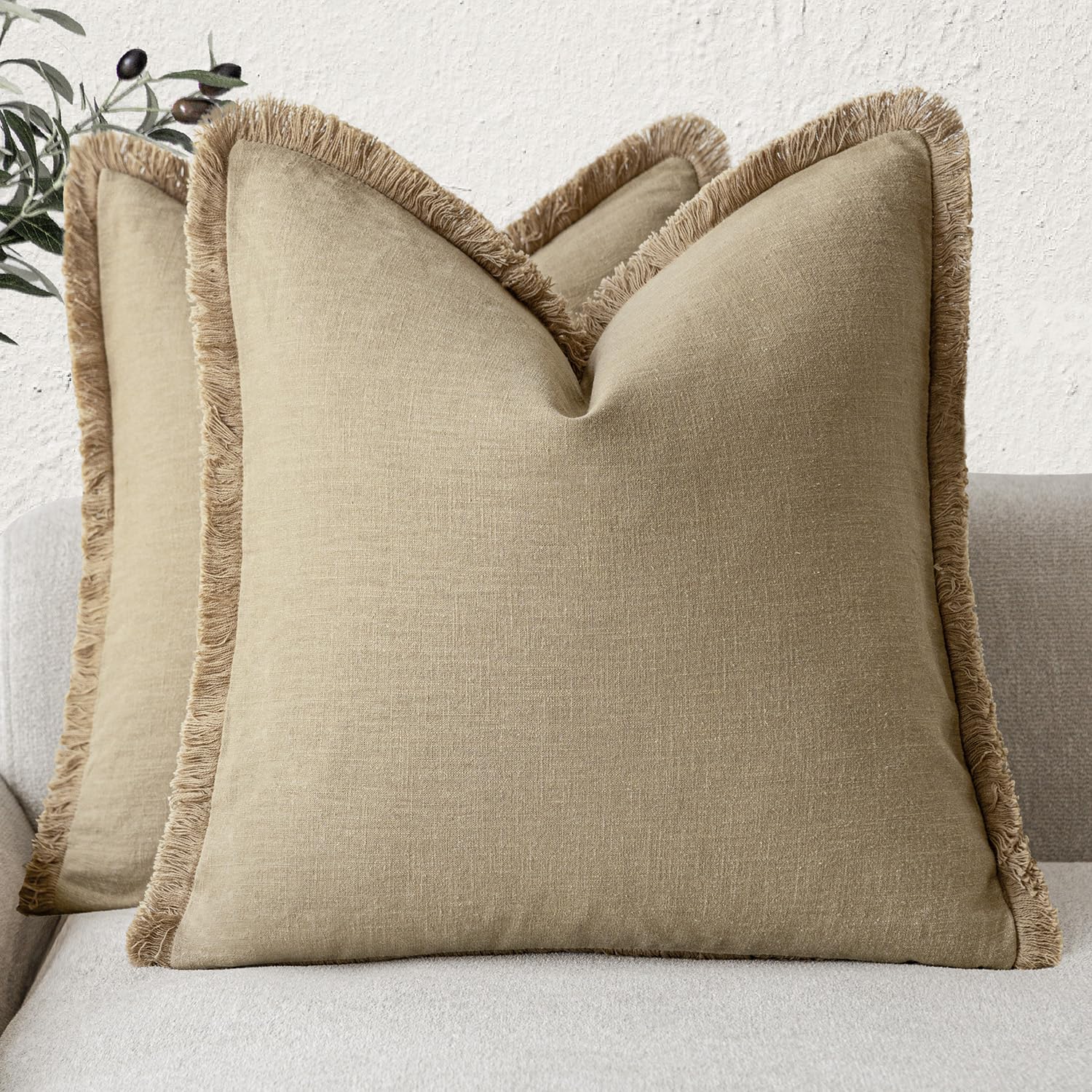 Photo 1 of Foindtower Set of 2 Decorative Linen Fringe Throw Pillow Covers Farmhouse Cushion Cover with Tassels Soft Accent Pillowcase for Couch Chair Sofa Bed Living Room Home Decor,24×24 Inch,Light Khaki Taupe