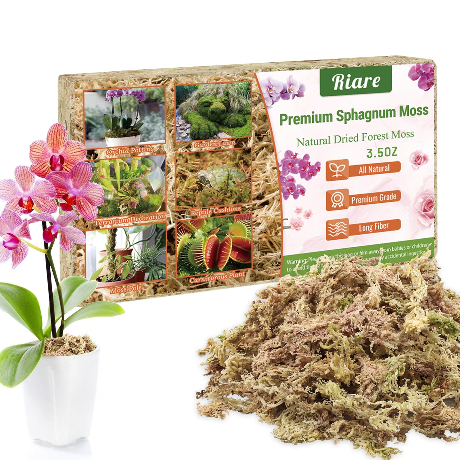 Riare 100g Natural Sphagnum Moss Dried Forest Moss Long Fibered Orchid Moss Potting Mix for Potted Plants Carnivorous Plants Moss Orchid Potting Mix,Reptile Substrate Habitat Decoration