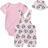 Disney Minnie Mouse Baby Girls French Terry Shortall Overalls T-Shirt and Hat 3-Piece Set for Infants