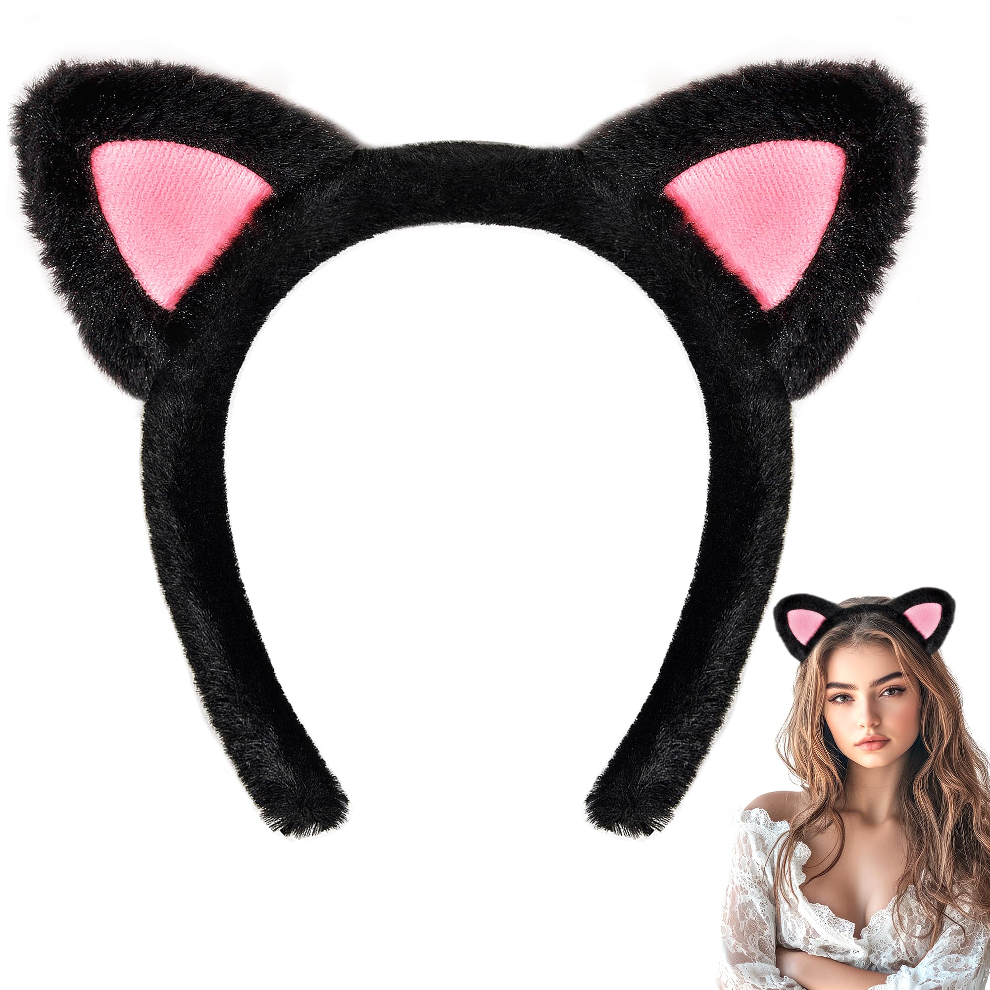 Photo 1 of Parma77 Cat Ears Headband, Plush Soft Black Cat Ears Halloween Cosplay Headband Costume Accessories for Makeup, Shower, Teen Girls & Women