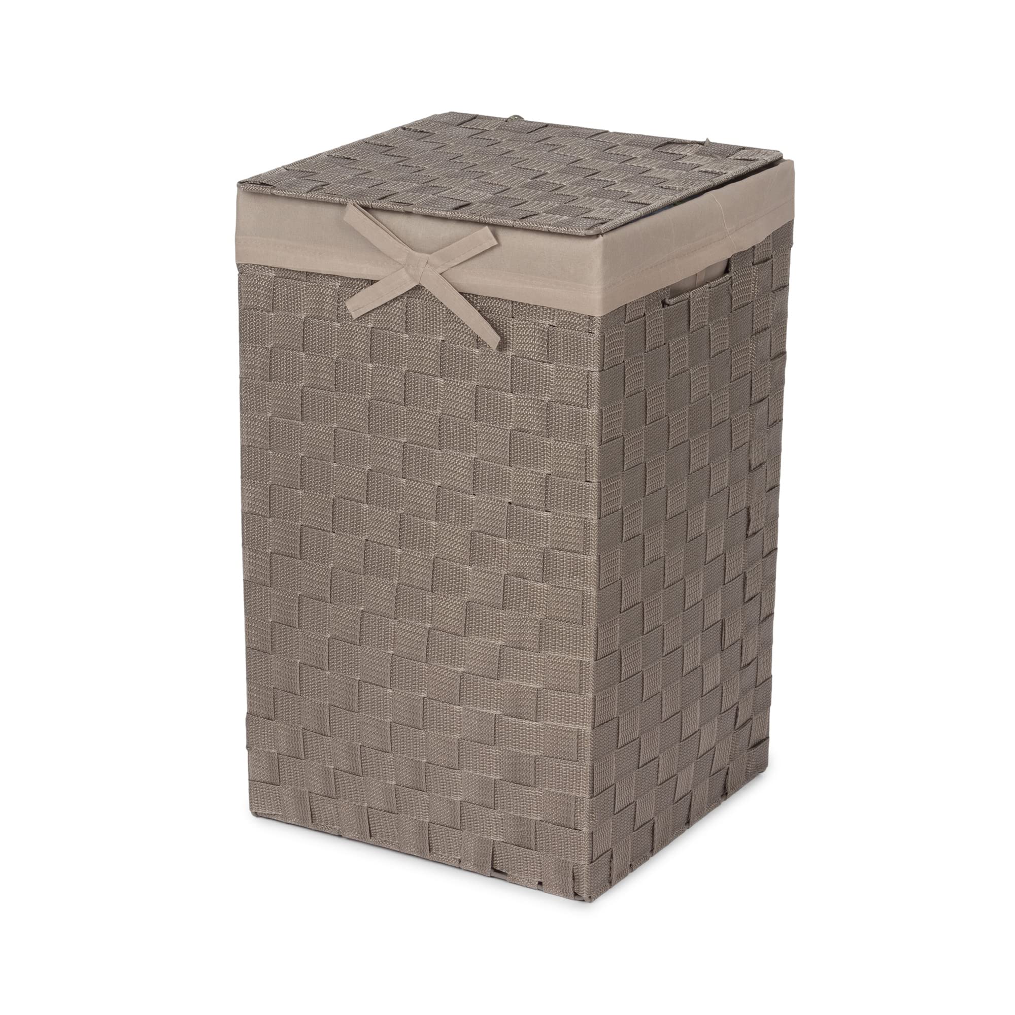 Compactor Square Laundry Basket with Lid, Woven Washing Hamper for Storing Clothes and Linen in Bedrooms and Bathrooms, Removable Liner and Carry Handles, Taupe, Stan Range