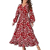 MISSKY Casual V Neck Boho Floral Print Wedding Guest Maxi Dresses for Women Bohemian Flowy Maxi Dress