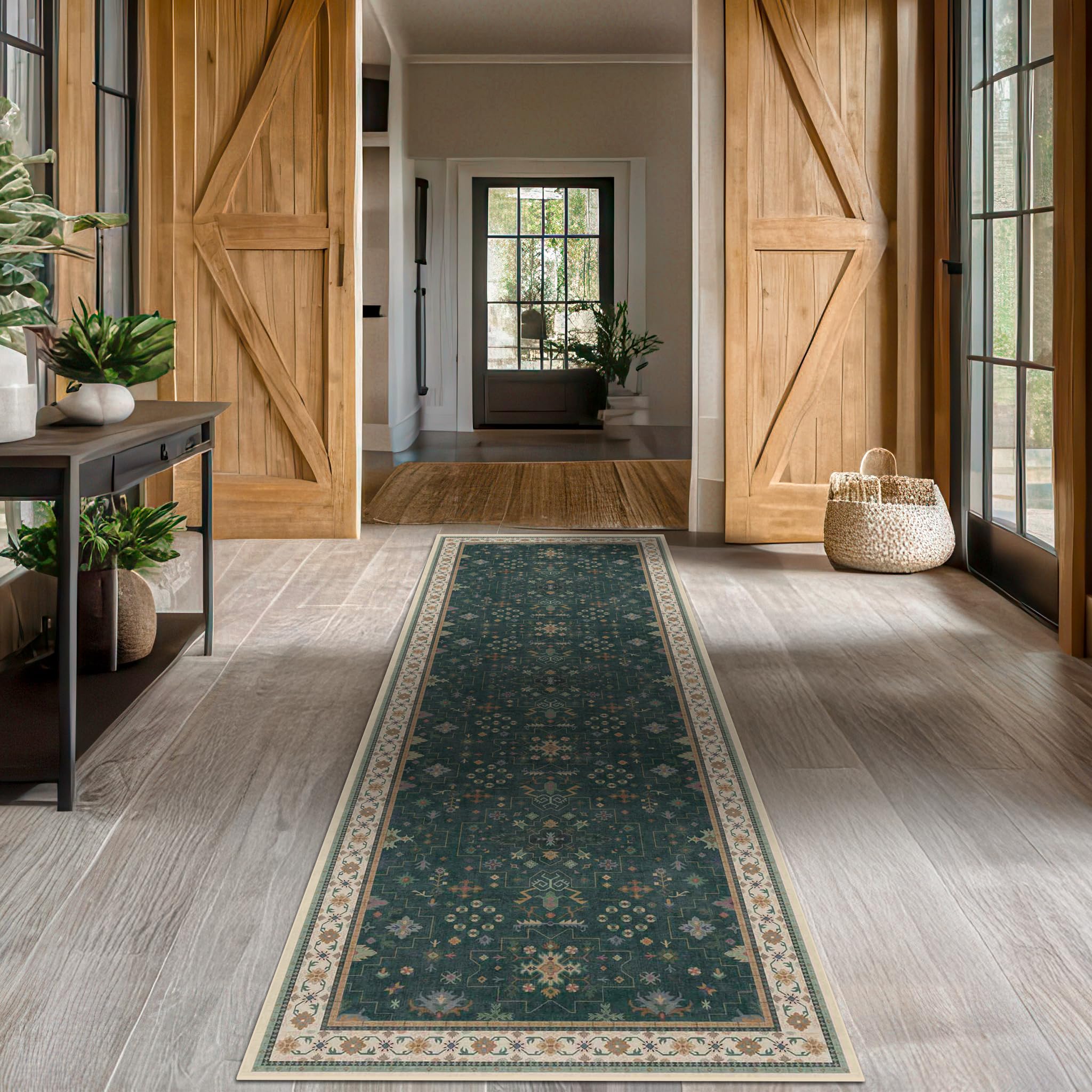 Dark Green Kitchen Rug 10 ft Long - Modern Vintage