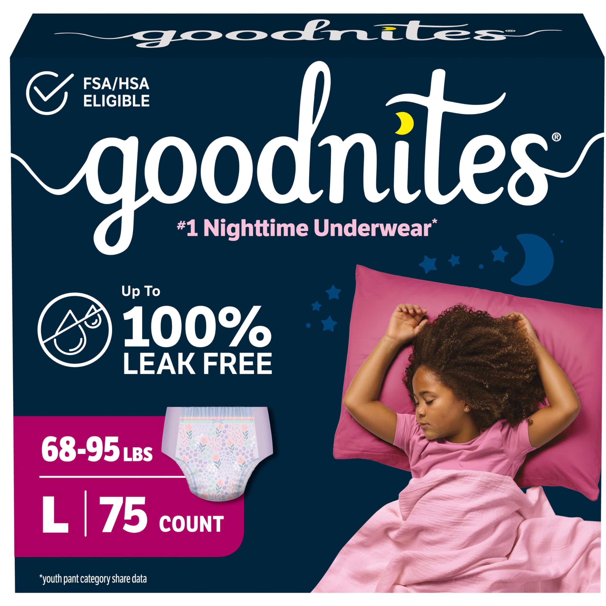 Goodnites Girls' Nighttime Bedwetting Underwear, Size Large (68-95 lbs), 75 Ct (3 Packs of 25), Packaging May Vary