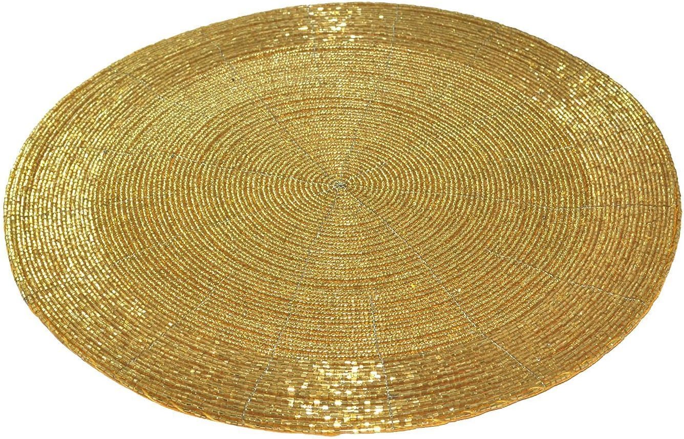 Vdecors Decorative Handmade Beaded Golden Round Placemat Perfect for Dining Table (30 cms, Dia - 12", Pack of - 1)